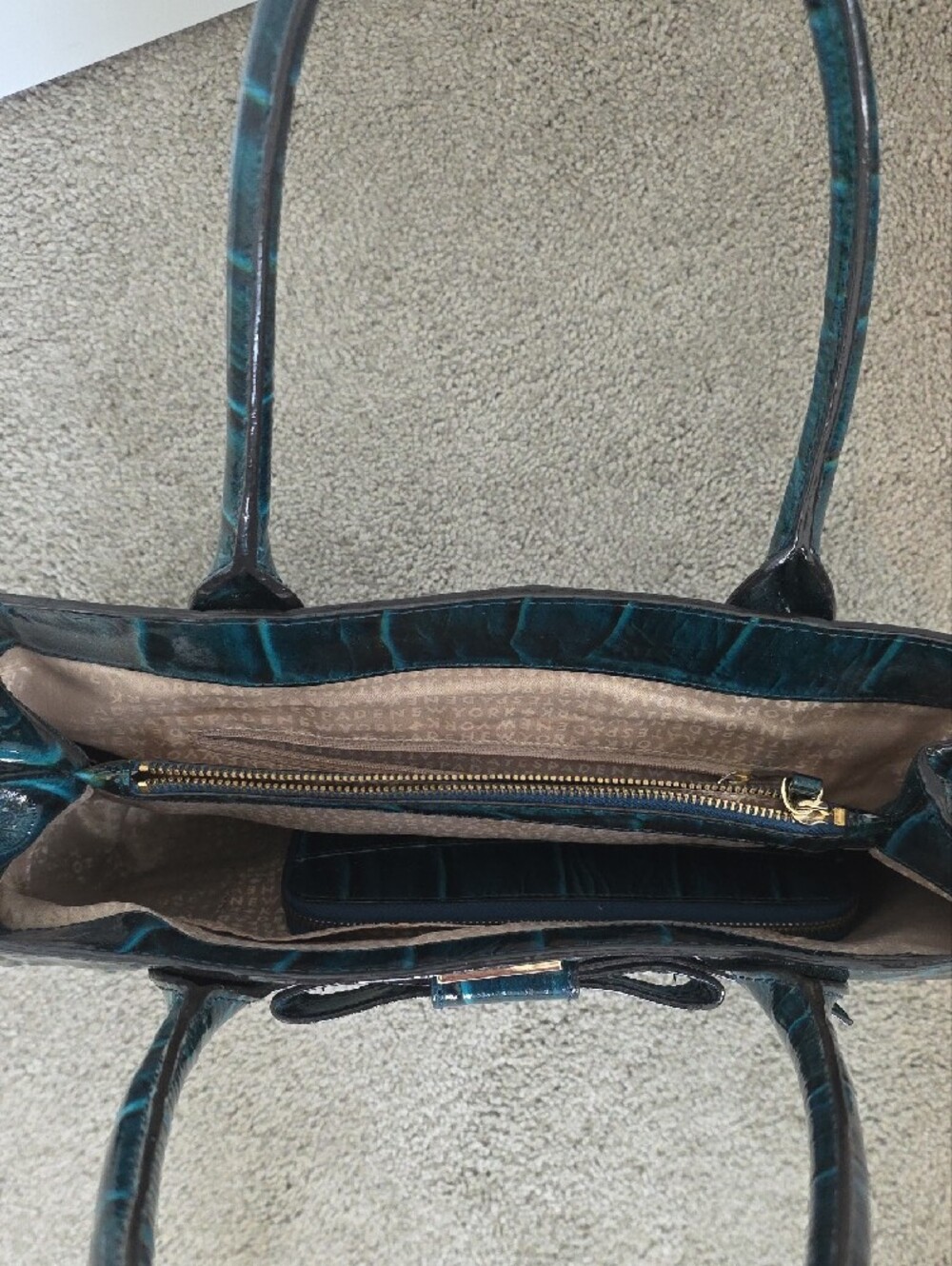 kate spade Teal Croc-Embossed Patent Tote With Large Wallet - Picture 7 of 11